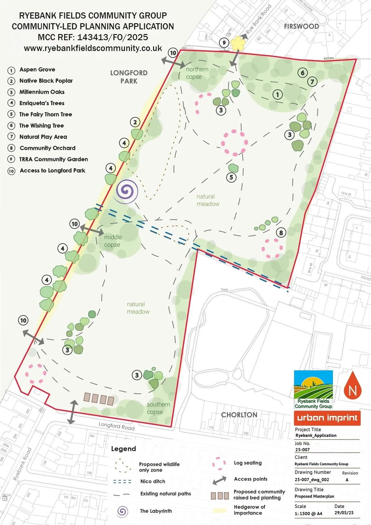 Ryebank Fields Community Group — Community-Led Planning Application masterplan drawing, MCC Ref: 143413/FO/2025